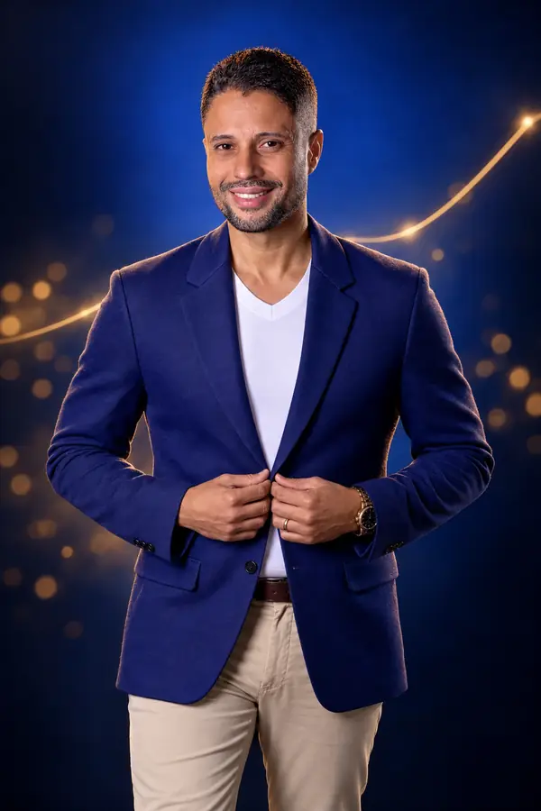 Adriano Cazé abotoando o blazer azul