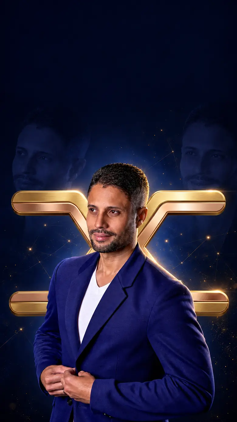 Adriano Cazé de blazer azul, com o símbolo da DC Multiplica ao fundo